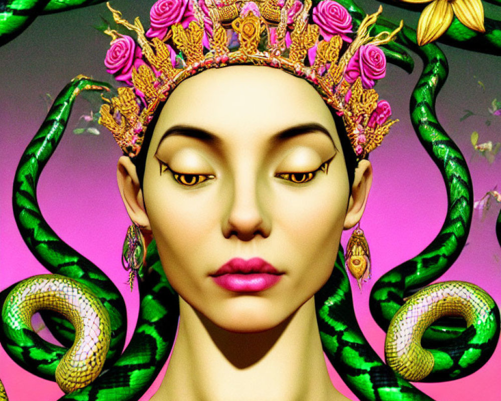Colorful digital artwork of woman with floral crown and serpents