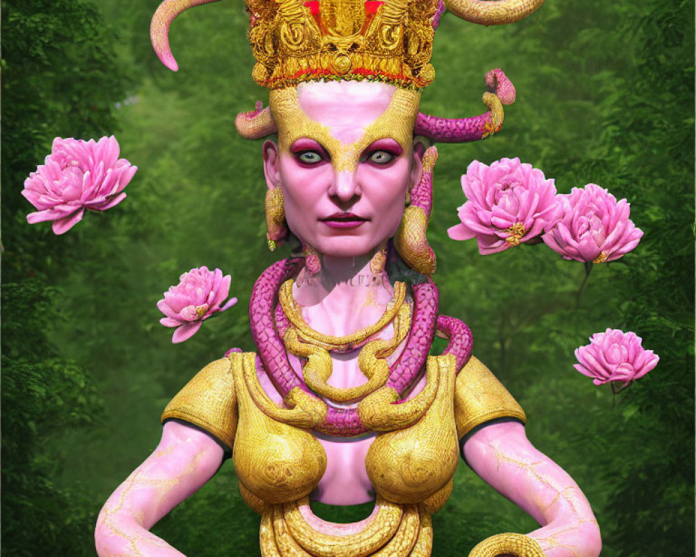 Vibrant illustration of regal, multi-armed entity with golden accessories, amidst lotus flowers