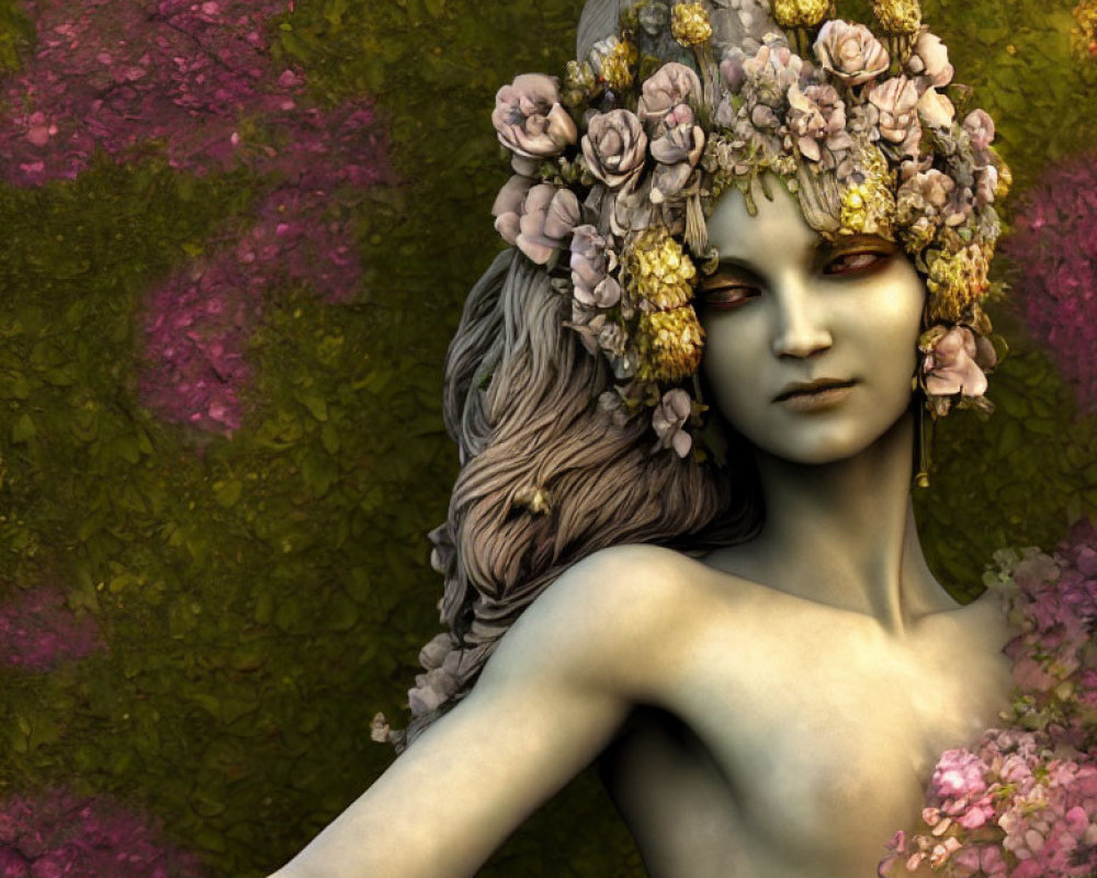 Fantasy portrait: Green-skinned person with floral crown on mossy backdrop