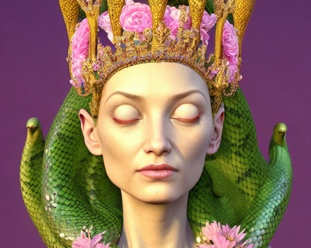 Woman with green snake-like features and gold crown on purple backdrop