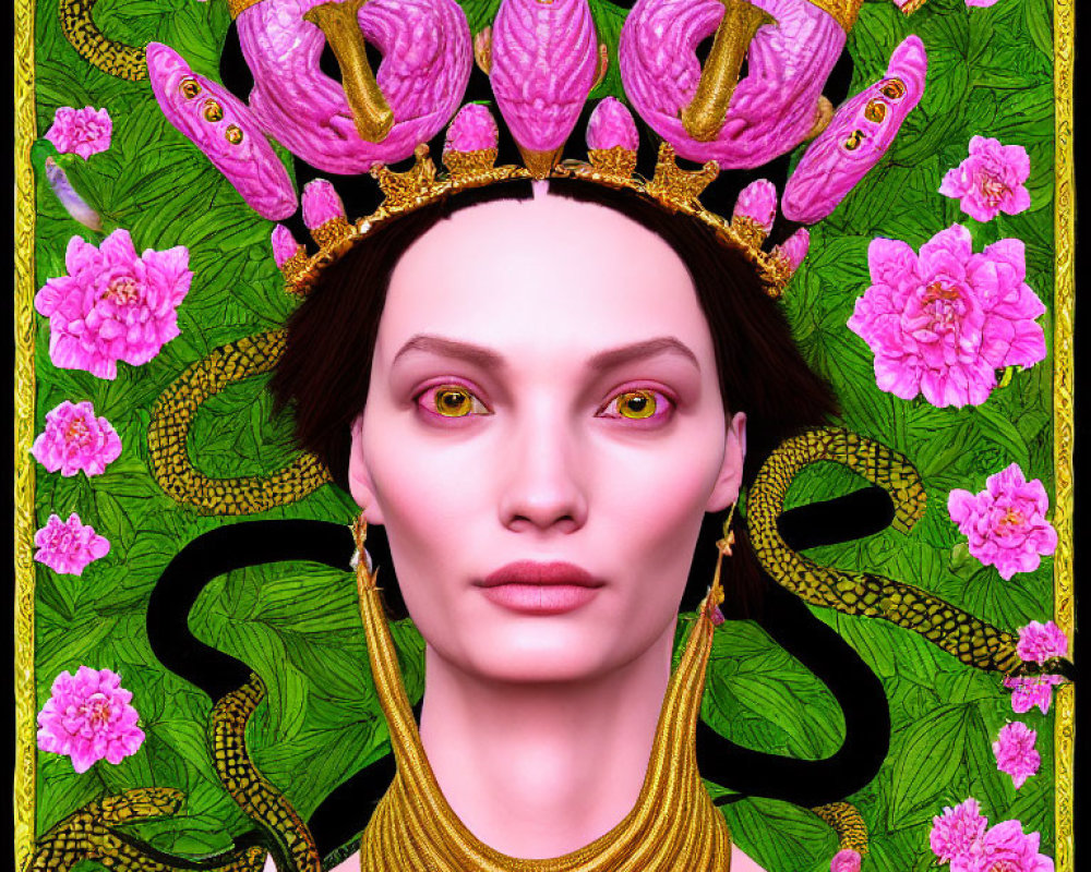 Digital Artwork: Woman with Snake Crown and Floral Serpent Pattern