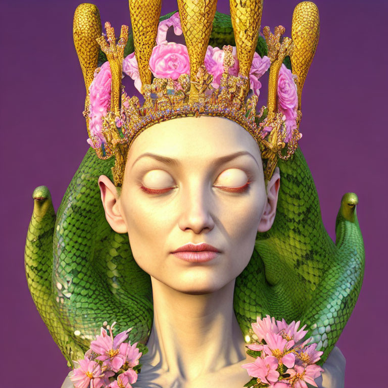 Woman with green snake-like features and gold crown on purple backdrop