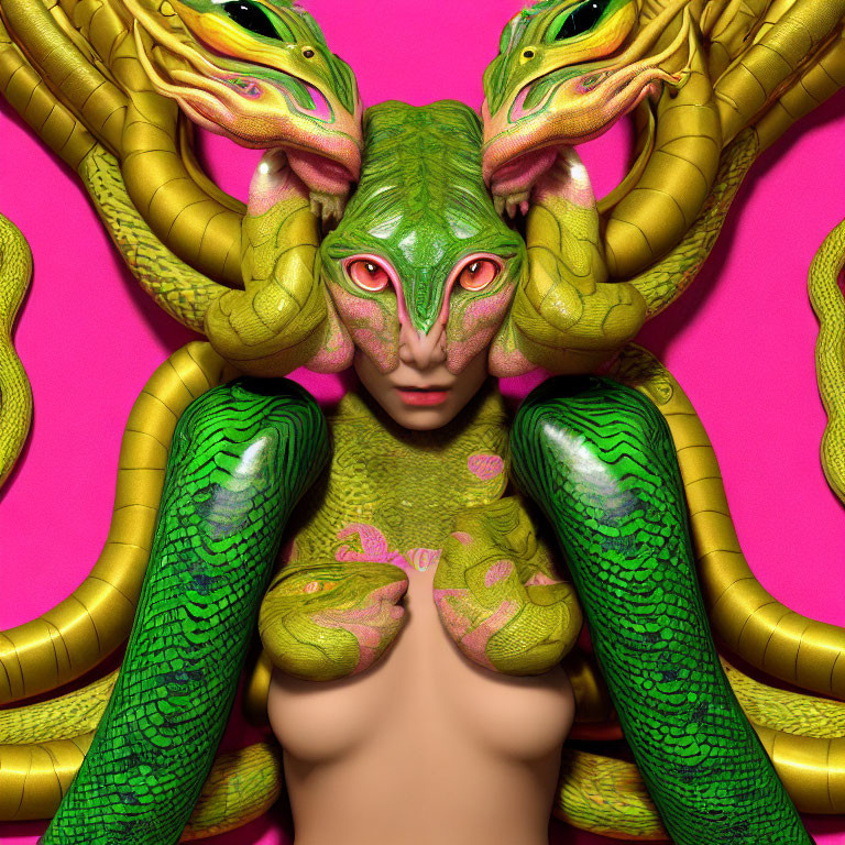 Surreal image: person with green reptilian features and multiple snake heads on pink background