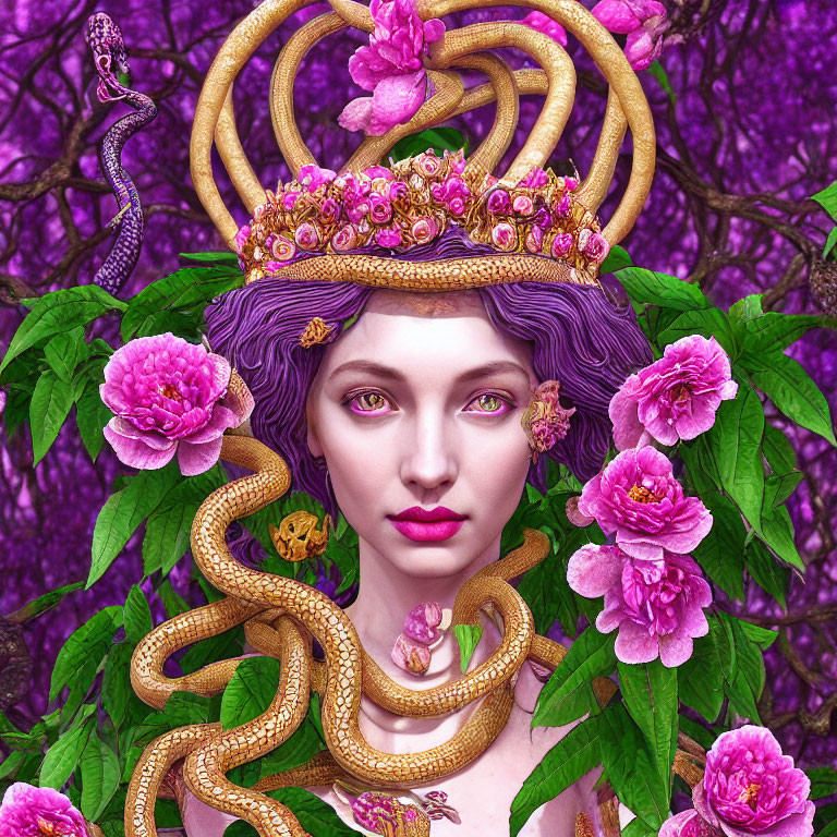 Detailed Artwork: Woman with Purple Hair, Golden Snake, Floral Crown, Mystical Presence