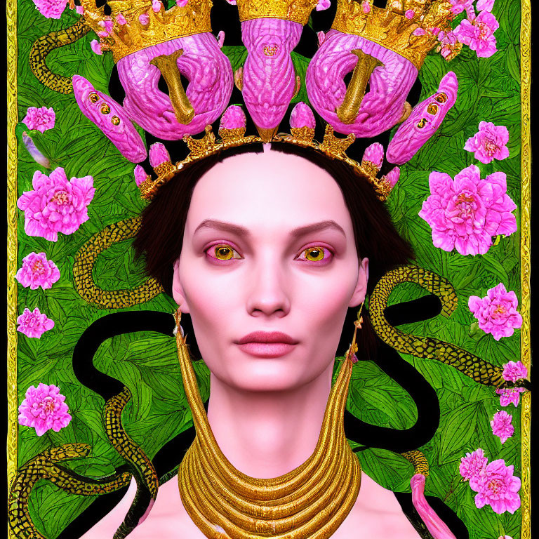 Digital Artwork: Woman with Snake Crown and Floral Serpent Pattern