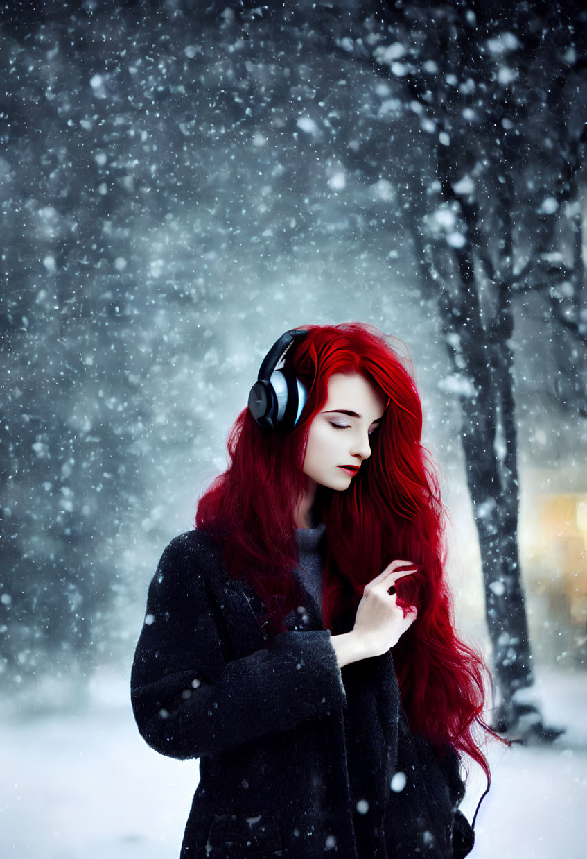 Red-haired woman listening to headphones in serene snowfall wearing black coat