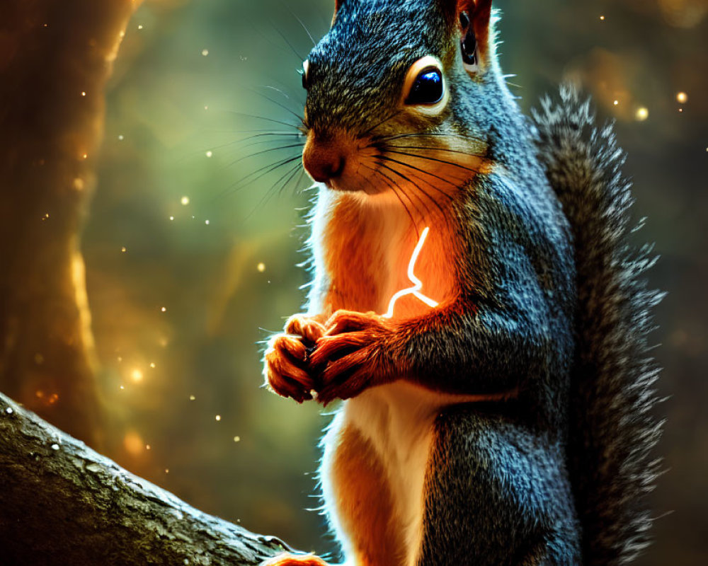 Squirrel perched on tree branch in warm glowing light