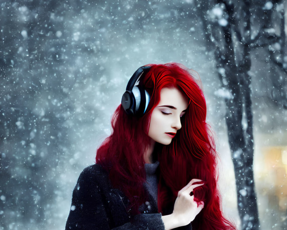 Red-haired woman listening to headphones in serene snowfall wearing black coat