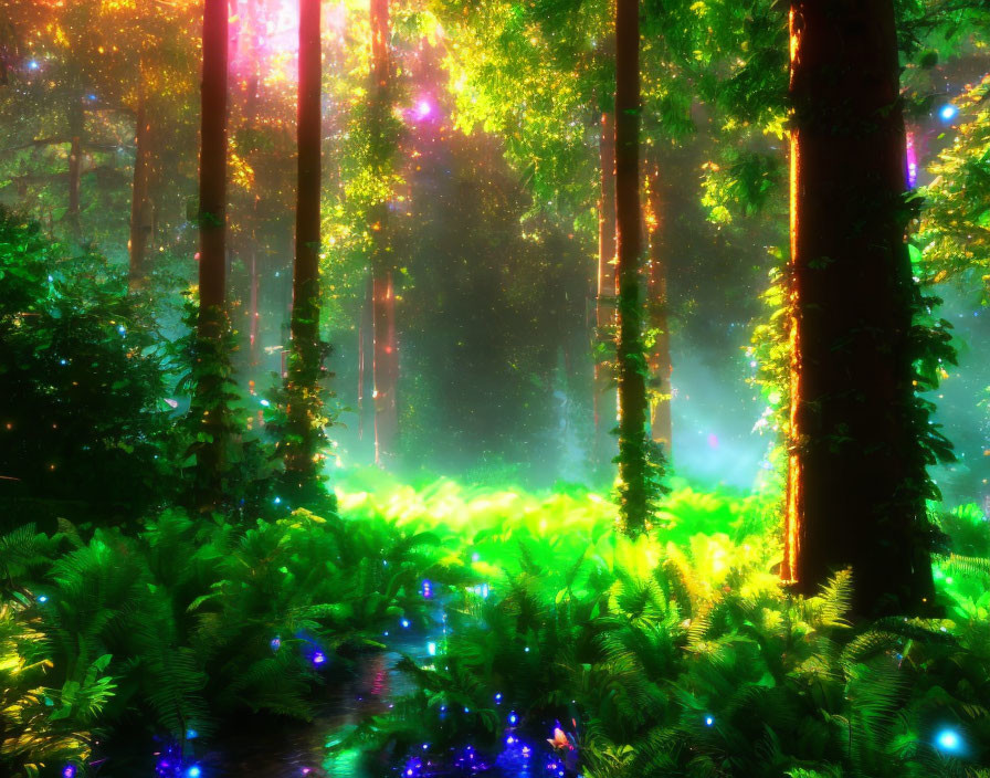 Lush forest scene with sunlight filtering through trees