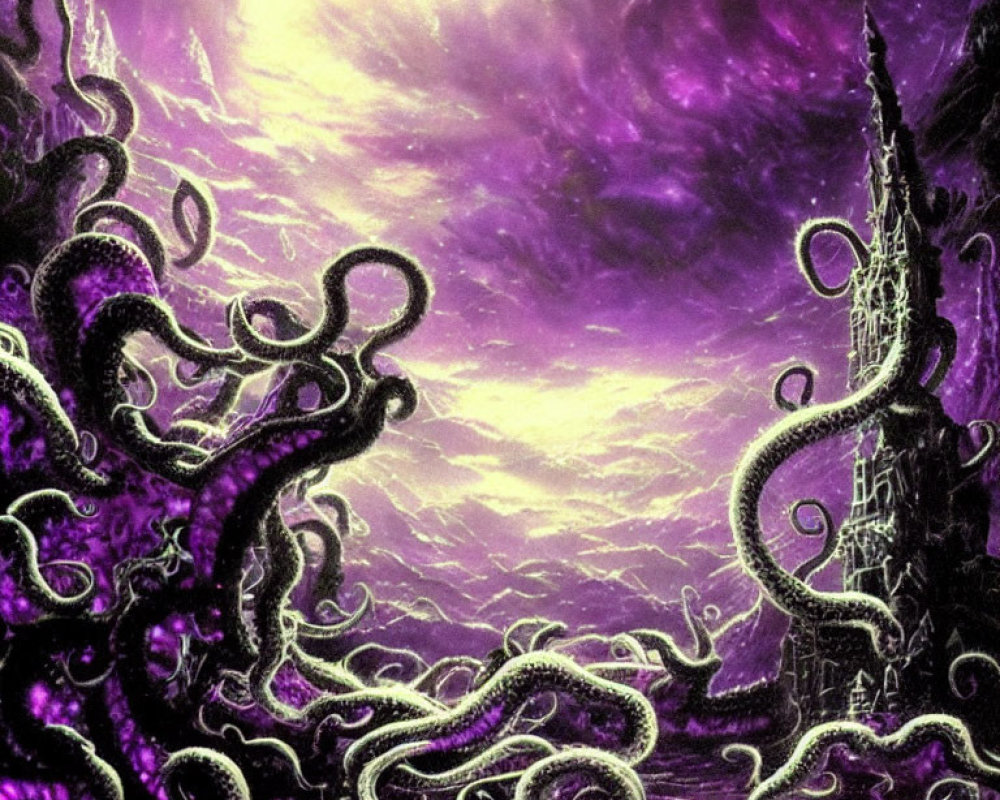 Purple-hued landscape with menacing tentacles and solitary spire in swirling sky
