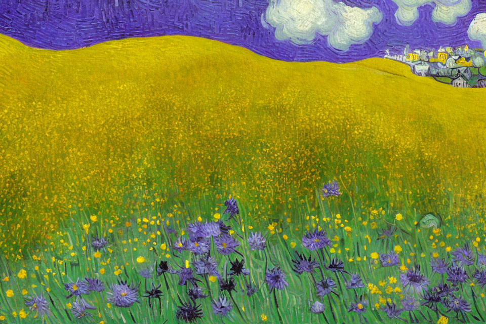 Colorful Wildflower Field Painting with Purple Sky & Village