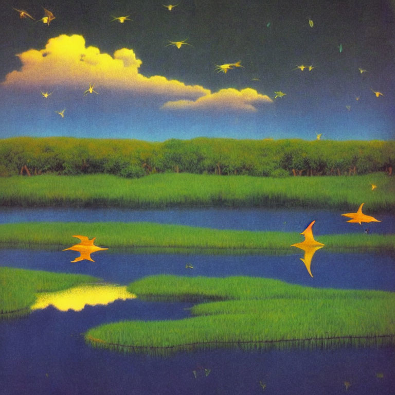 Tranquil night river with fireflies, greenery, and orange leaves
