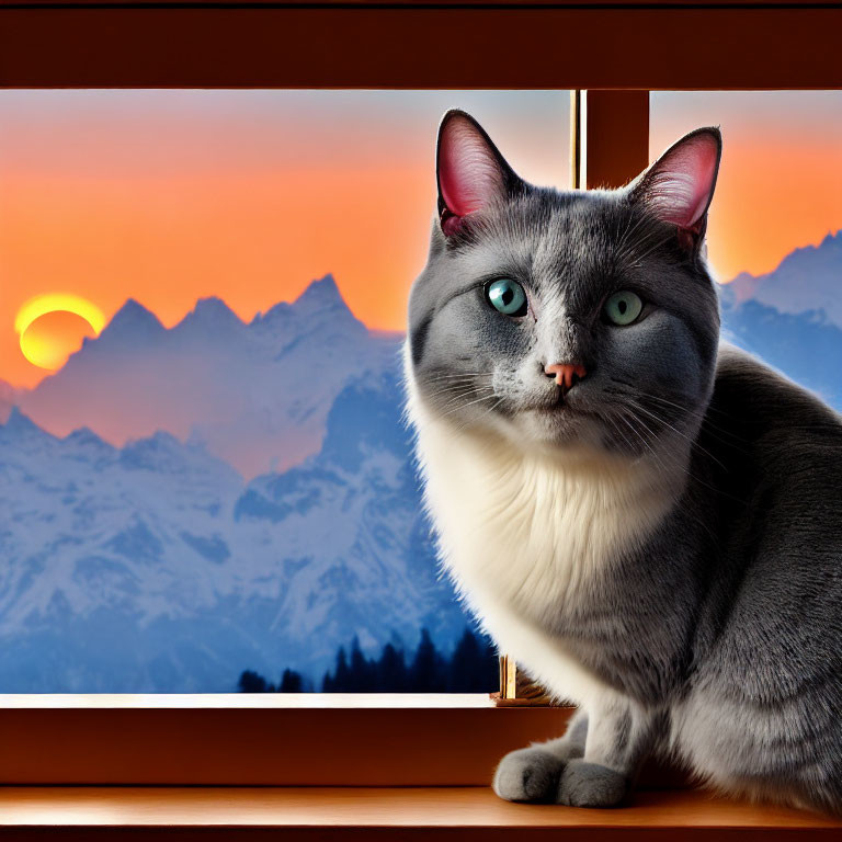 Grey Cat with Blue Eyes Watching Sunset over Snow-Capped Mountains