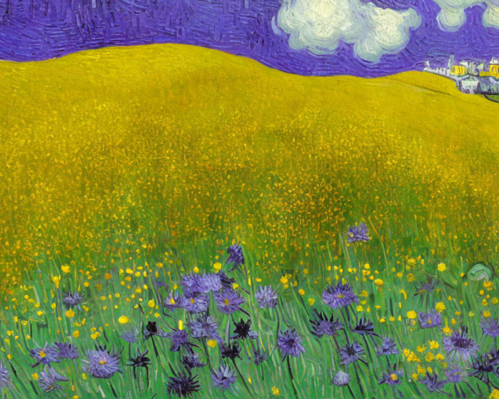 Colorful Wildflower Field Painting with Purple Sky & Village