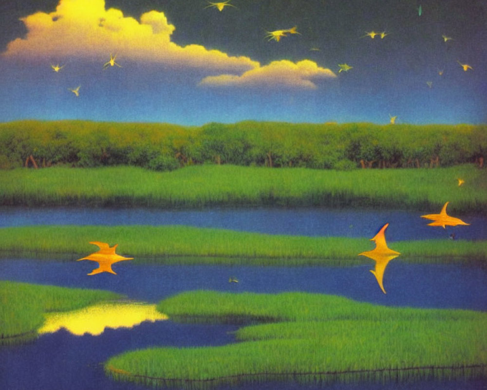 Tranquil night river with fireflies, greenery, and orange leaves