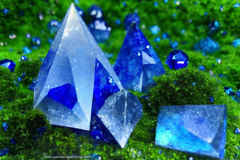 Crystal-shaped Paperweights on Moss with Blue Gemstones Display