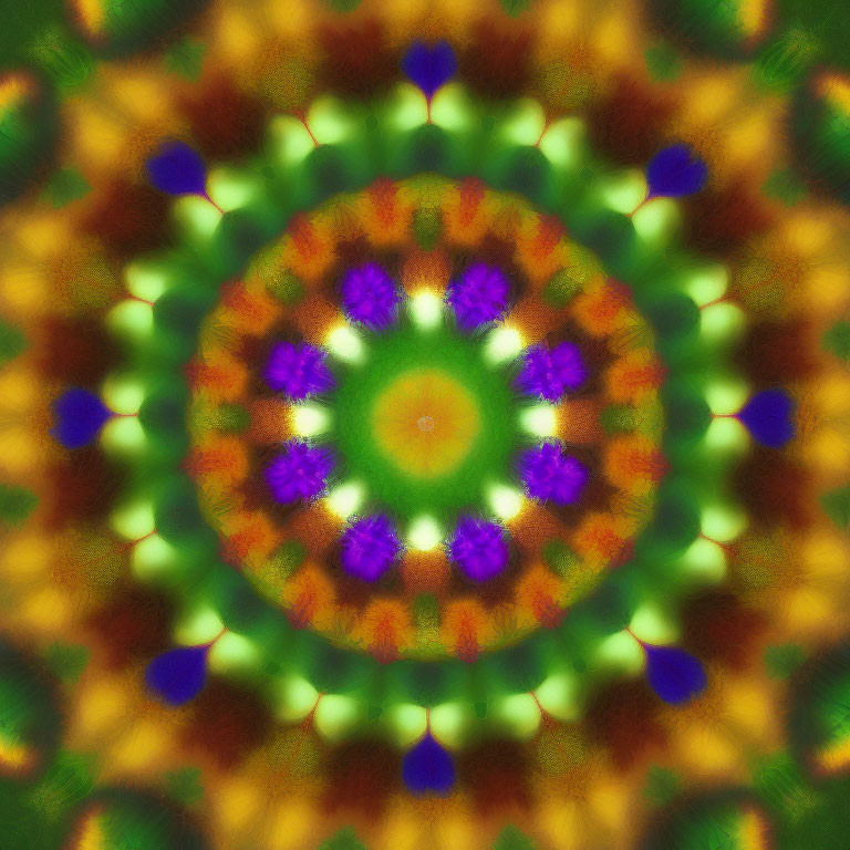 Colorful Kaleidoscope Pattern with Floral Motifs in Green, Purple, and Orange