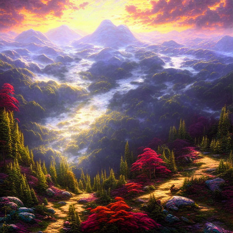 Colorful Sky Over Misty Mountains and Pink Trees in Lush Forests