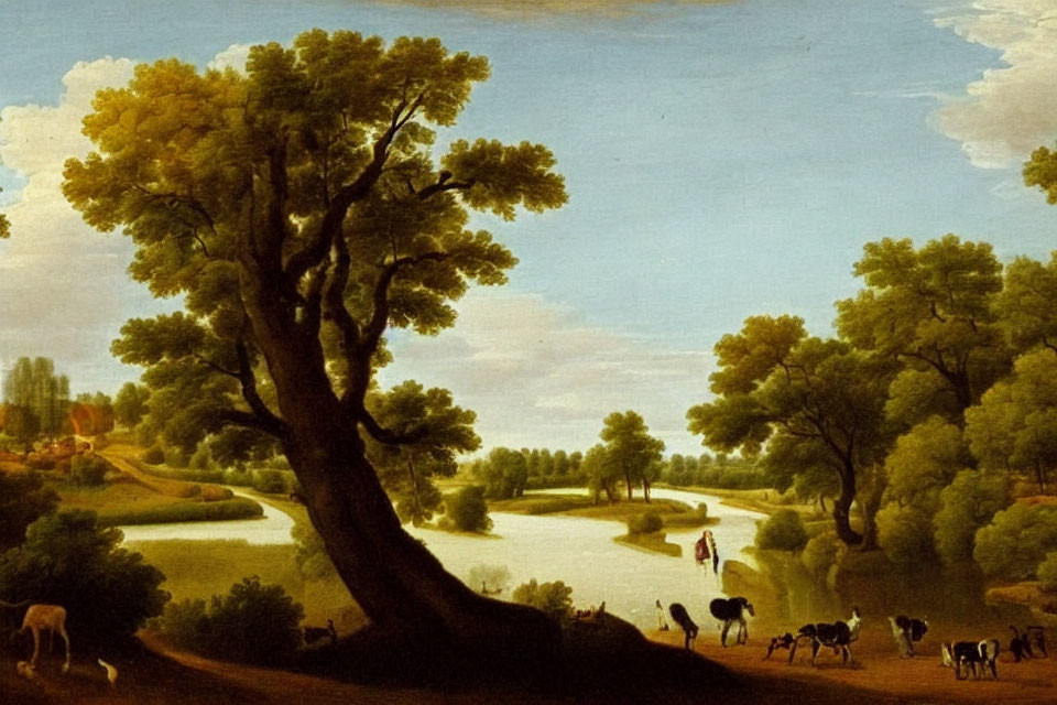 Tranquil pastoral landscape with tree, river, people, and cattle