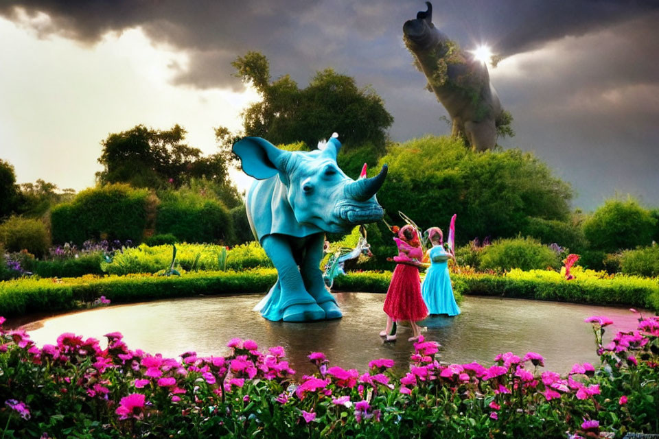 Blue elephant statue, floating island, person in blue, pink flamingo, stormy sky