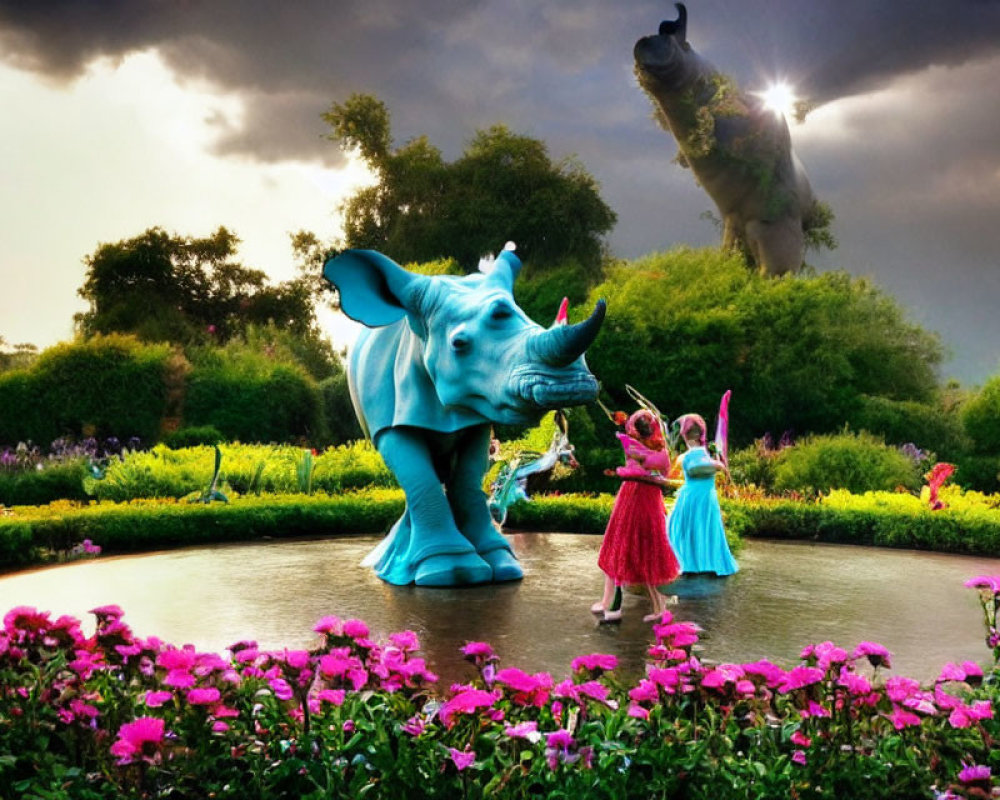 Blue elephant statue, floating island, person in blue, pink flamingo, stormy sky