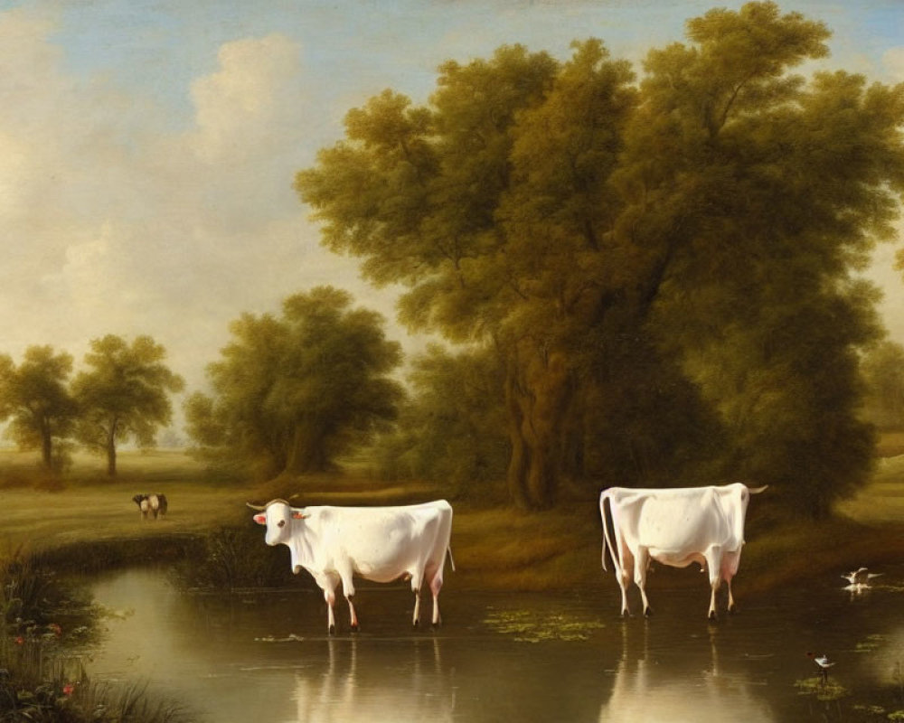 Rural landscape with cows, pond, and trees at dawn or dusk