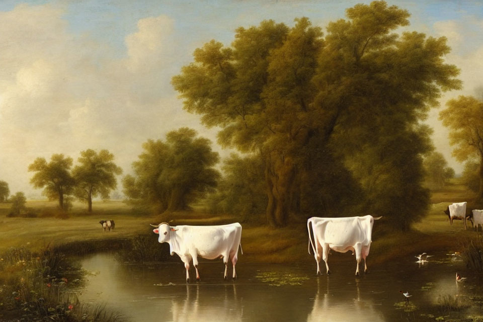 Rural landscape with cows, pond, and trees at dawn or dusk