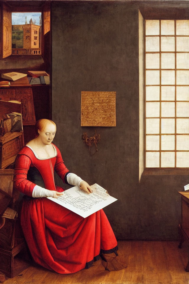 Woman in red reading sheet music in room with window, desk, books, wall-hanging, and
