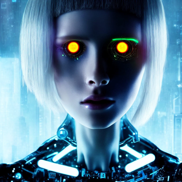 Futuristic female android with glowing eyes and bob haircut in cybernetic suit
