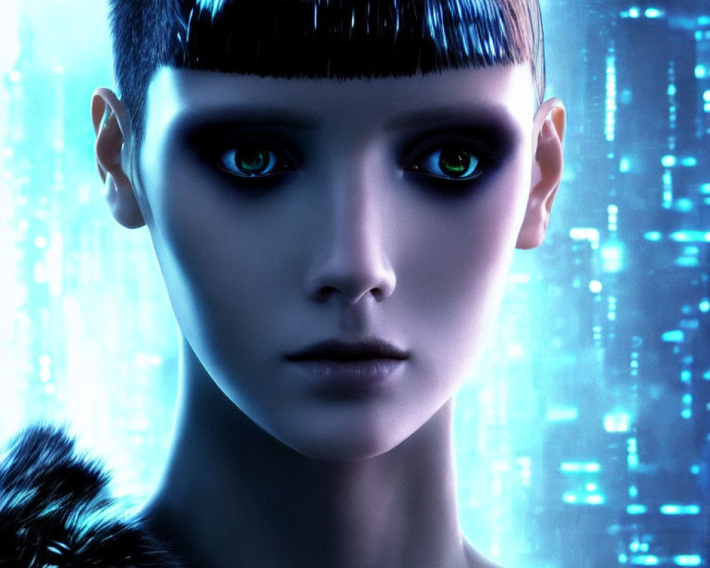 Female with Striking Green Eyes and Futuristic Blue Digital Patterns