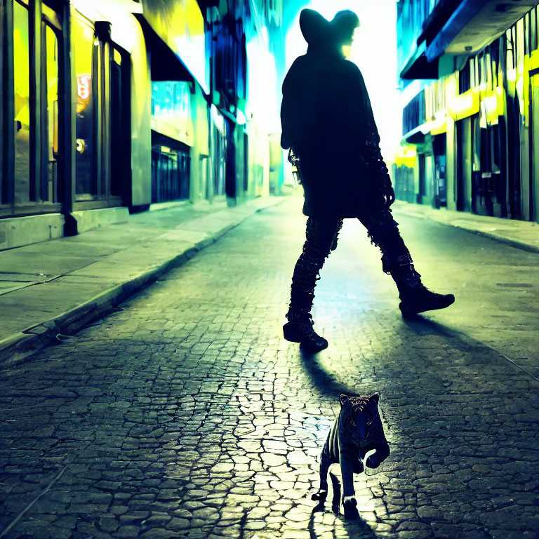 Silhouetted figure in hat on cobblestone street at dusk with small cat under neon lights