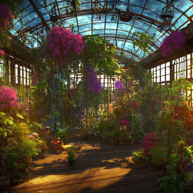 Vibrant pink and purple flowers in lush greenhouse with sunlight and green foliage
