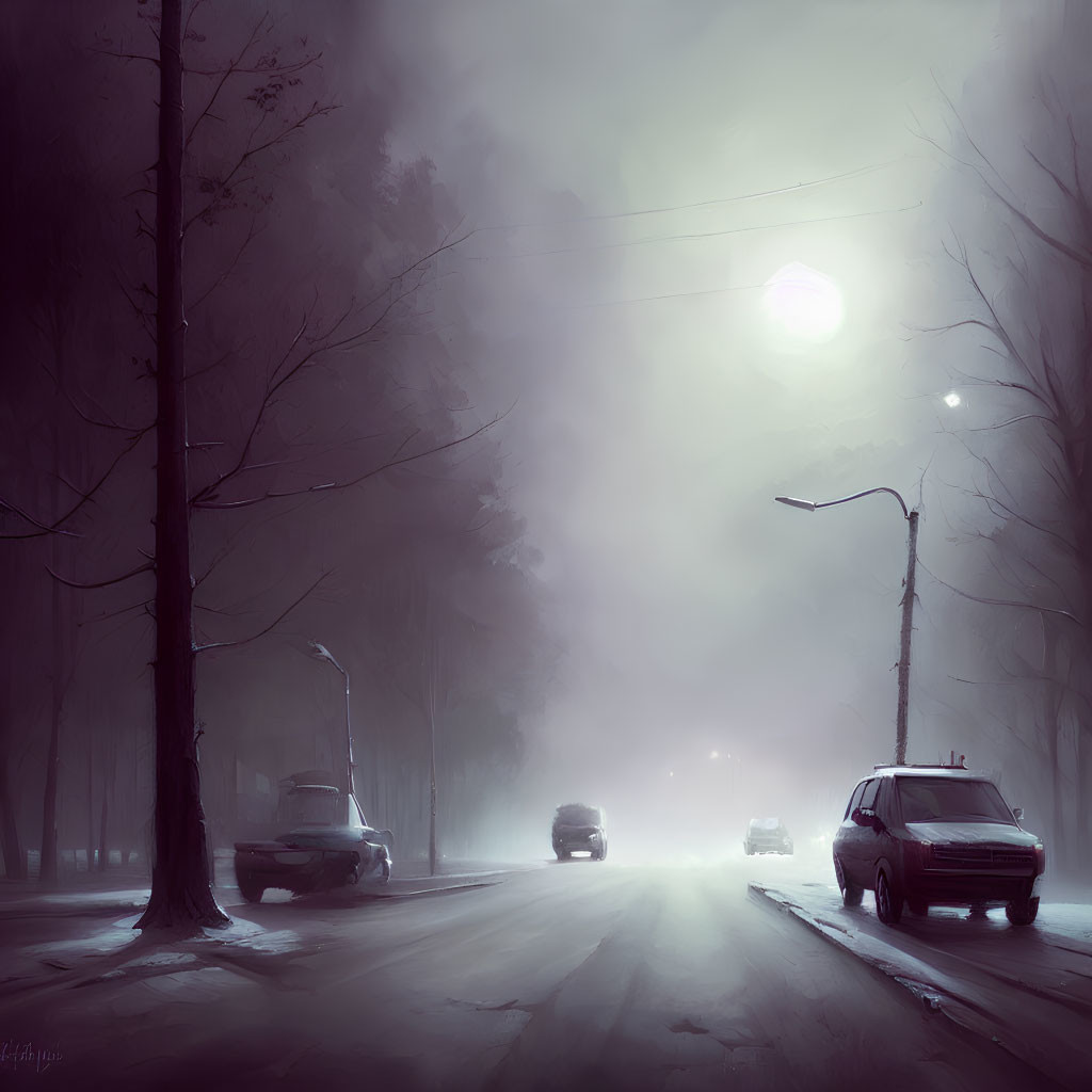 Twilight street scene with mist and glowing streetlamp