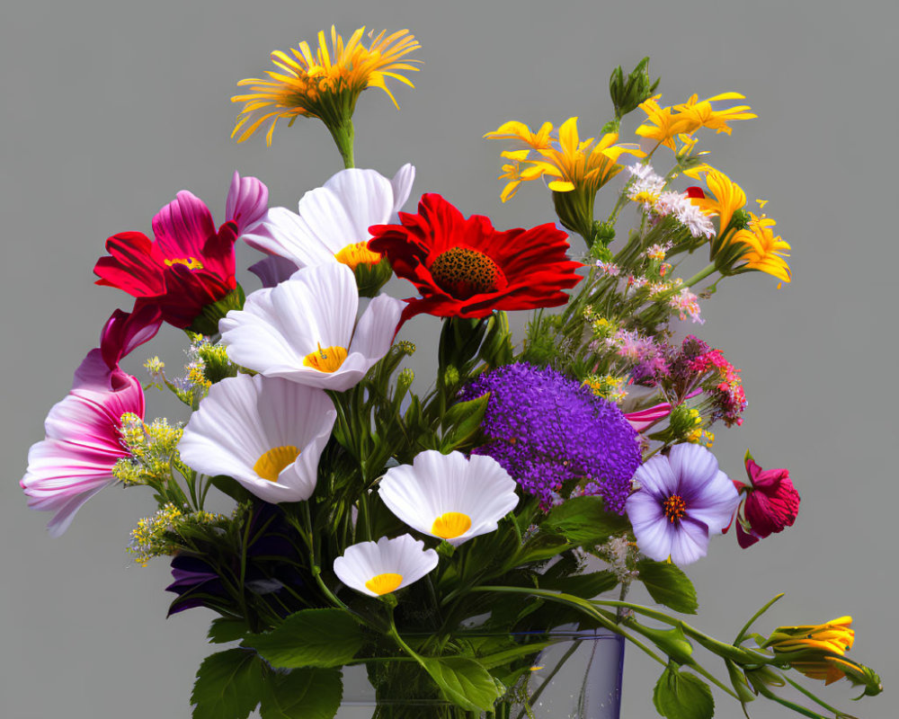 Colorful bouquet of red, white, and purple flowers on grey background