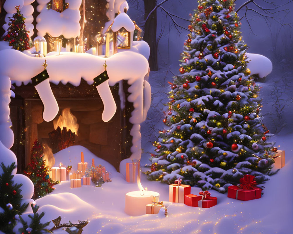 Festive Outdoor Christmas Scene with Tree, Gifts, Snow, and Candles