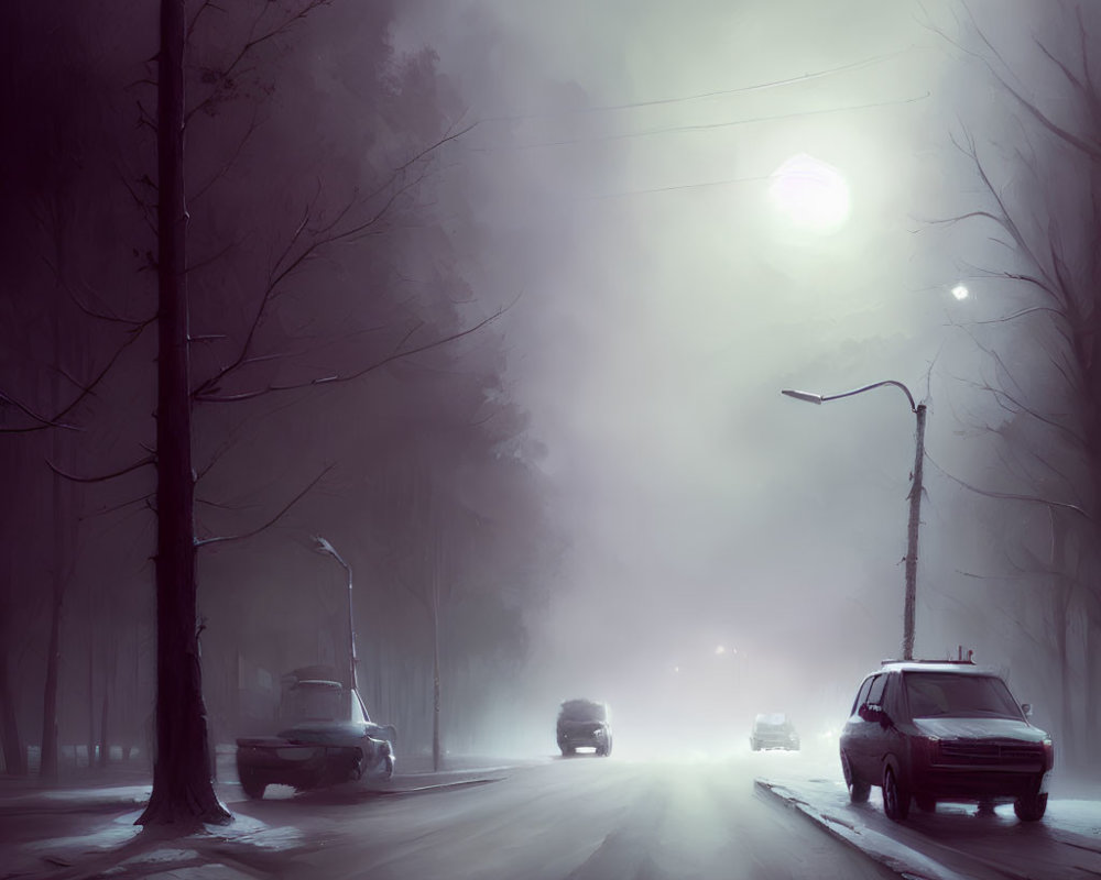 Twilight street scene with mist and glowing streetlamp