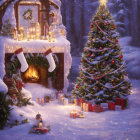 Festive Outdoor Christmas Scene with Tree, Gifts, Snow, and Candles