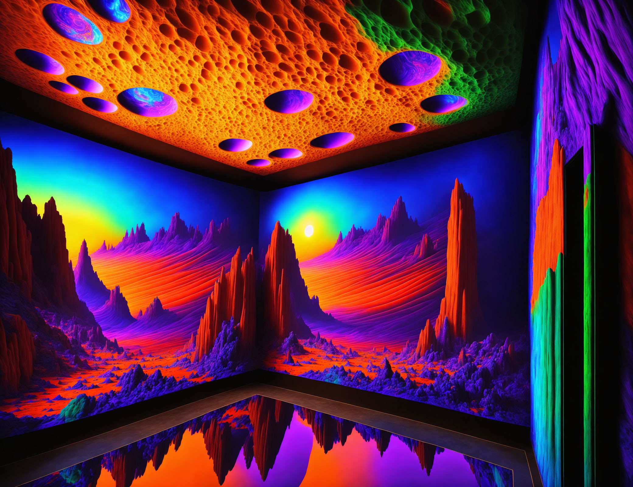 UV-lit psychedelic room with fluorescent landscape and mirrored floor