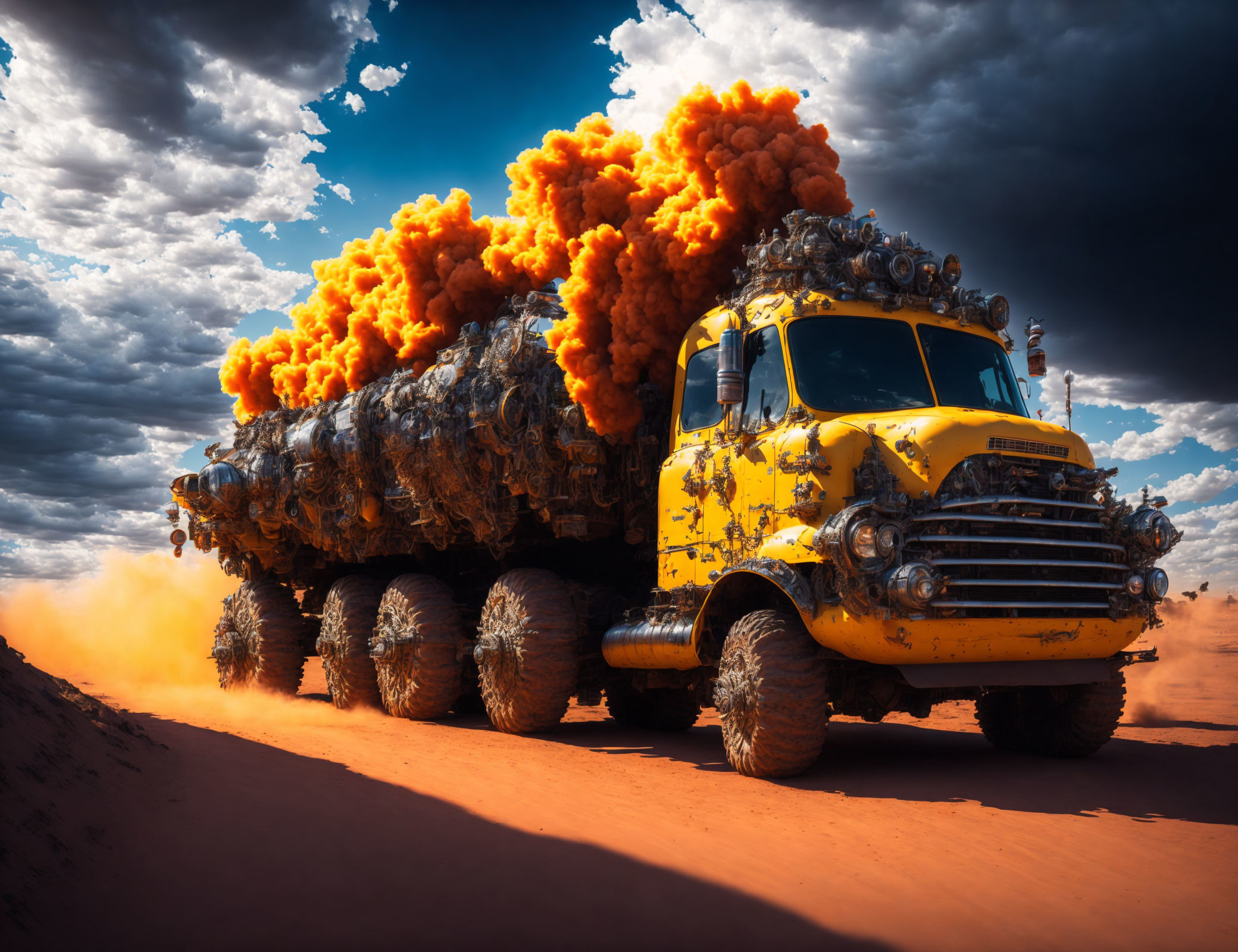 Yellow retrofitted truck with oversized tires driving through desert with orange smoke under dramatic sky