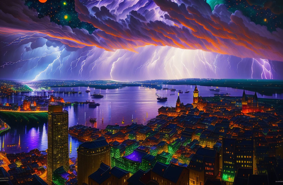 Surreal cityscape with thunderstorm, lightning, starry sky, and harbor ships