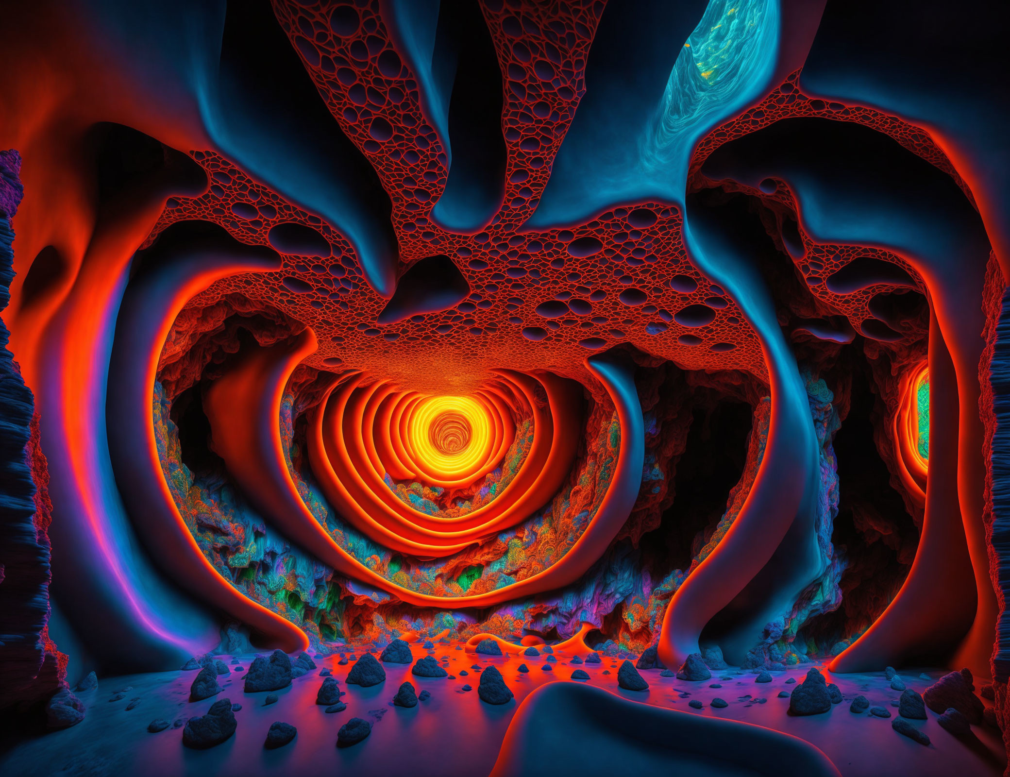 Vividly Colored Cave Scene with Swirling Patterns and Textured Walls