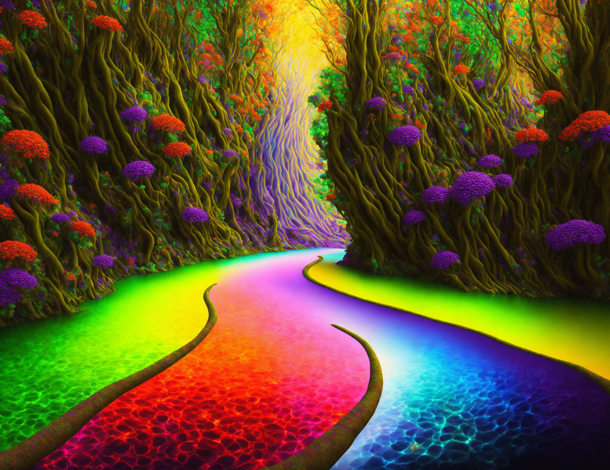 Colorful Fantasy Forest with Winding Path and Intertwined Trees