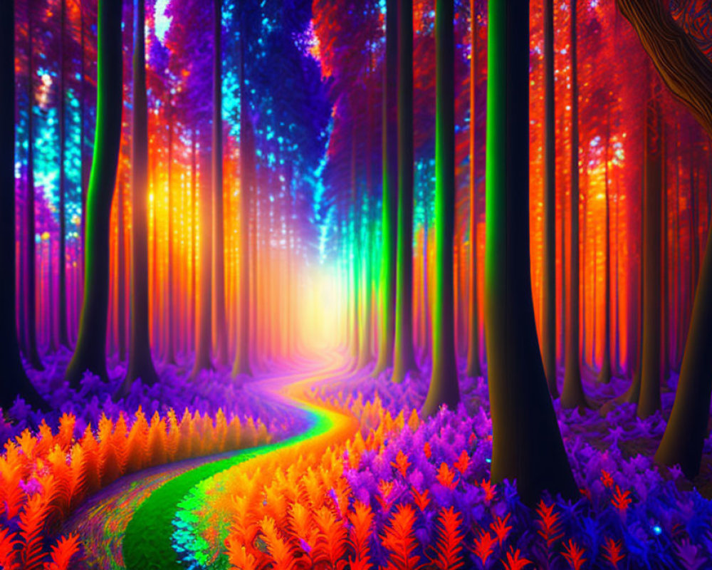 Colorful Forest with Neon Lights and Magical Pathway