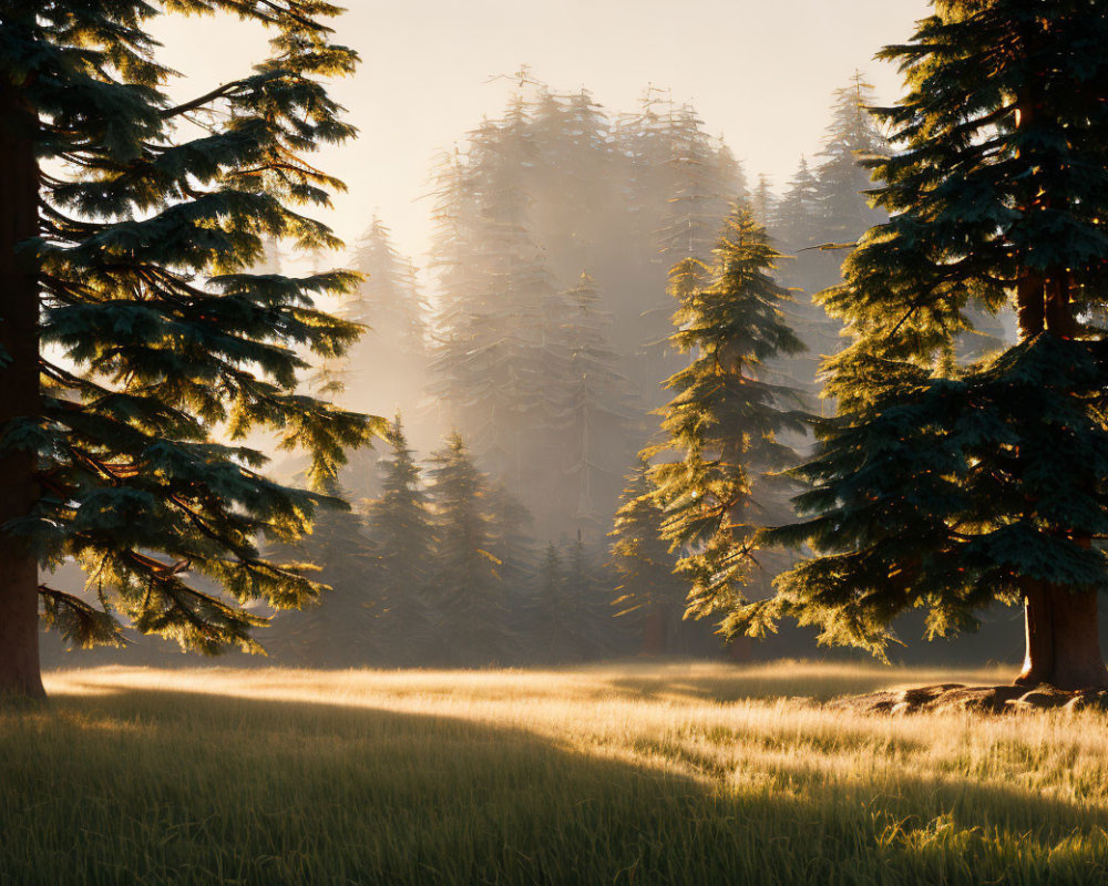 Sunlit Misty Forest at Sunrise with Tranquil Meadow