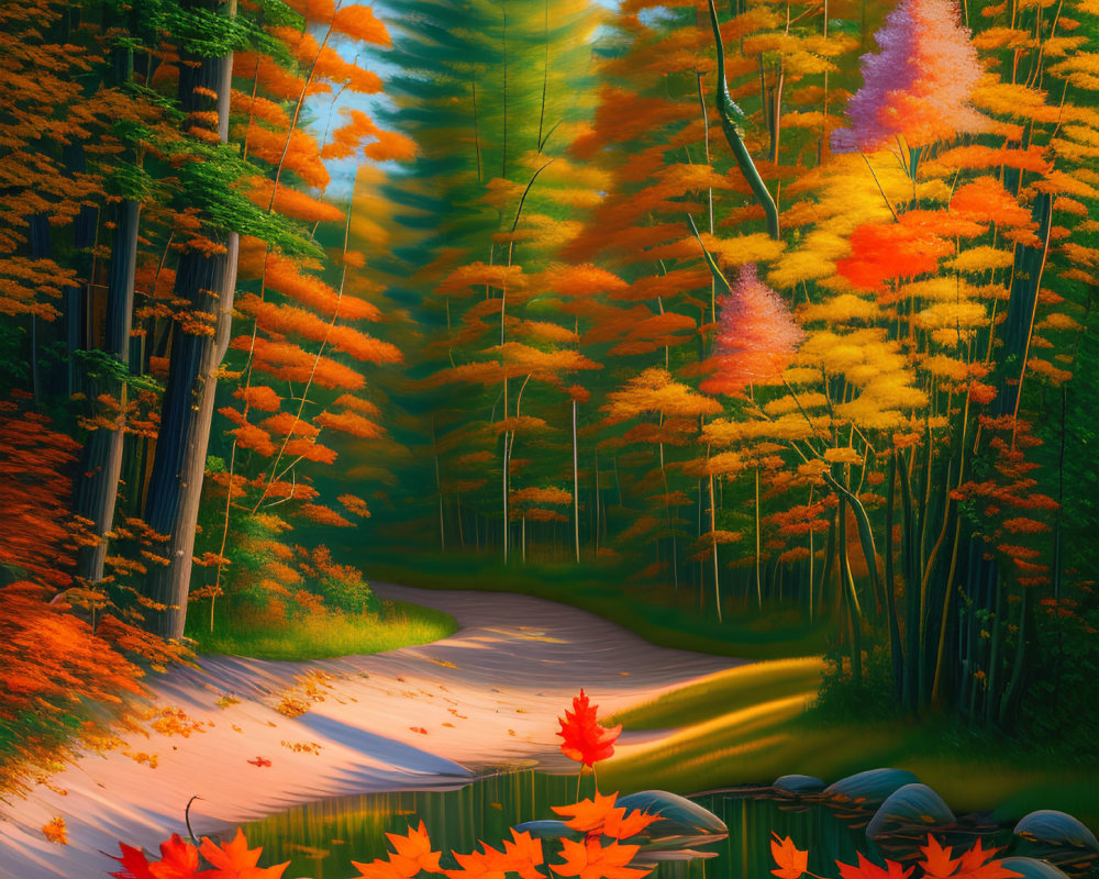 Colorful Autumn Forest with Winding Path and Tranquil Pond