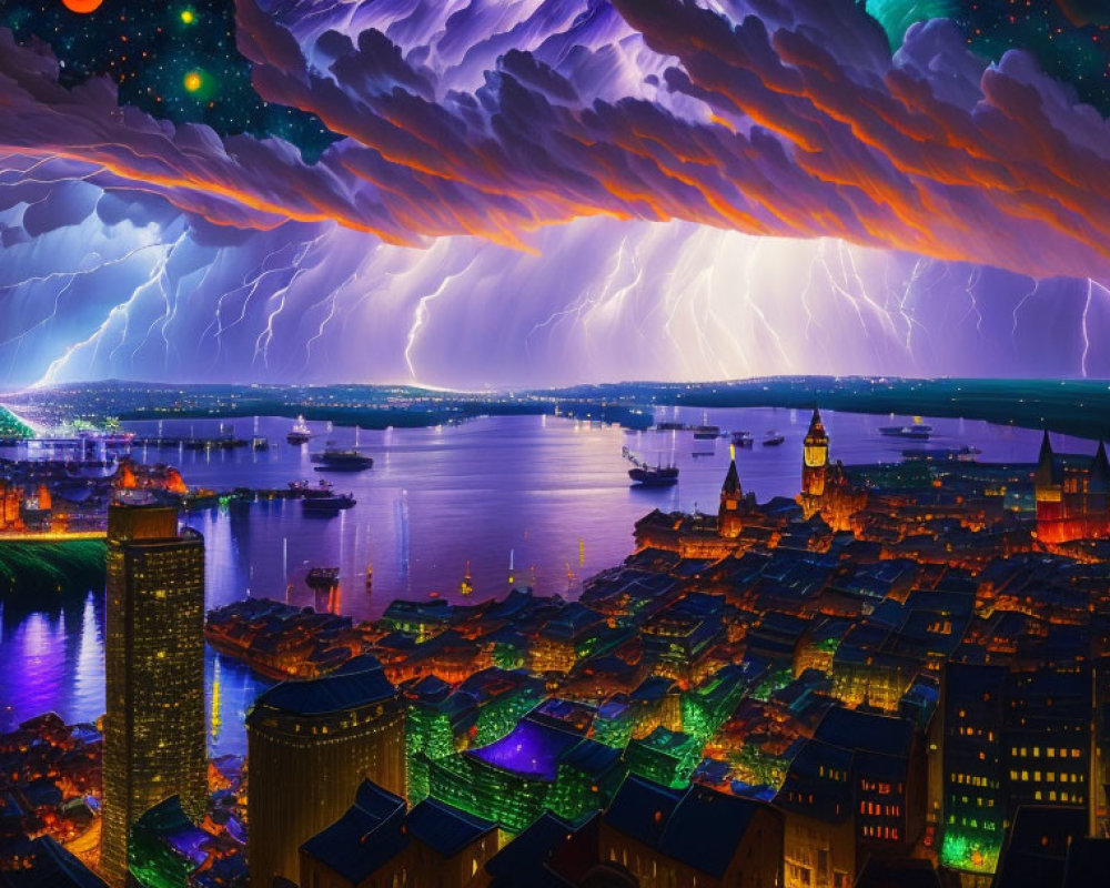 Surreal cityscape with thunderstorm, lightning, starry sky, and harbor ships