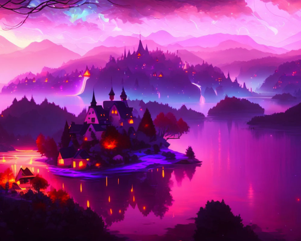 Fantasy landscape: illuminated castles and houses on islands, purple lake, mountains, starry sky