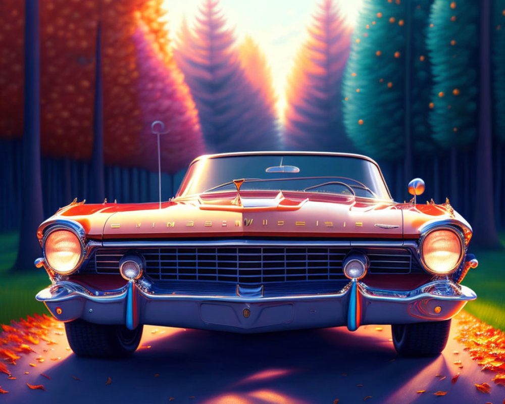 Vintage car on forest road at sunset with warm light and fallen leaves
