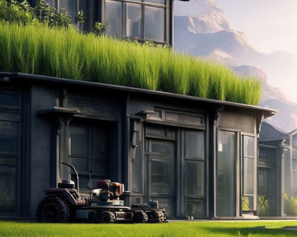 Modern House with Large Glass Windows, Green Rooftop Garden, and Robotic Lawn Mower in