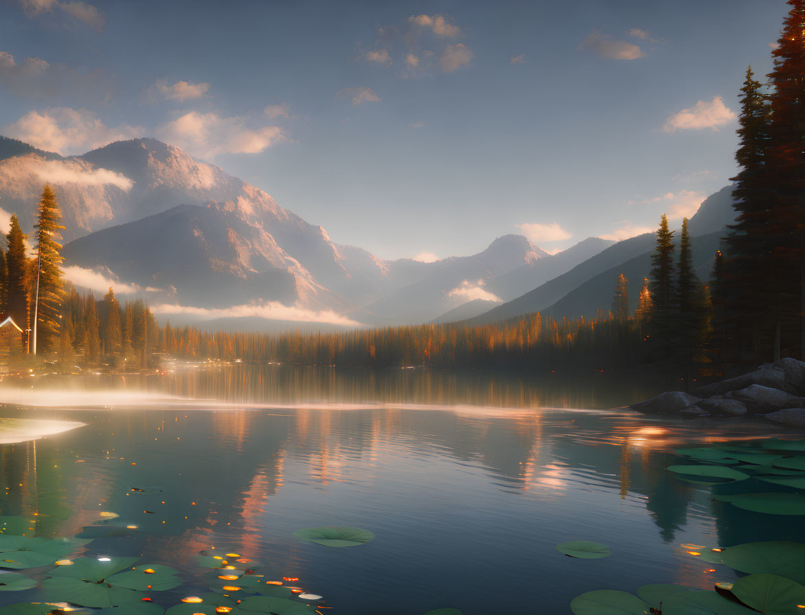 Tranquil sunset scene: serene lake, lily pads, mountains, trees, mist, warm
